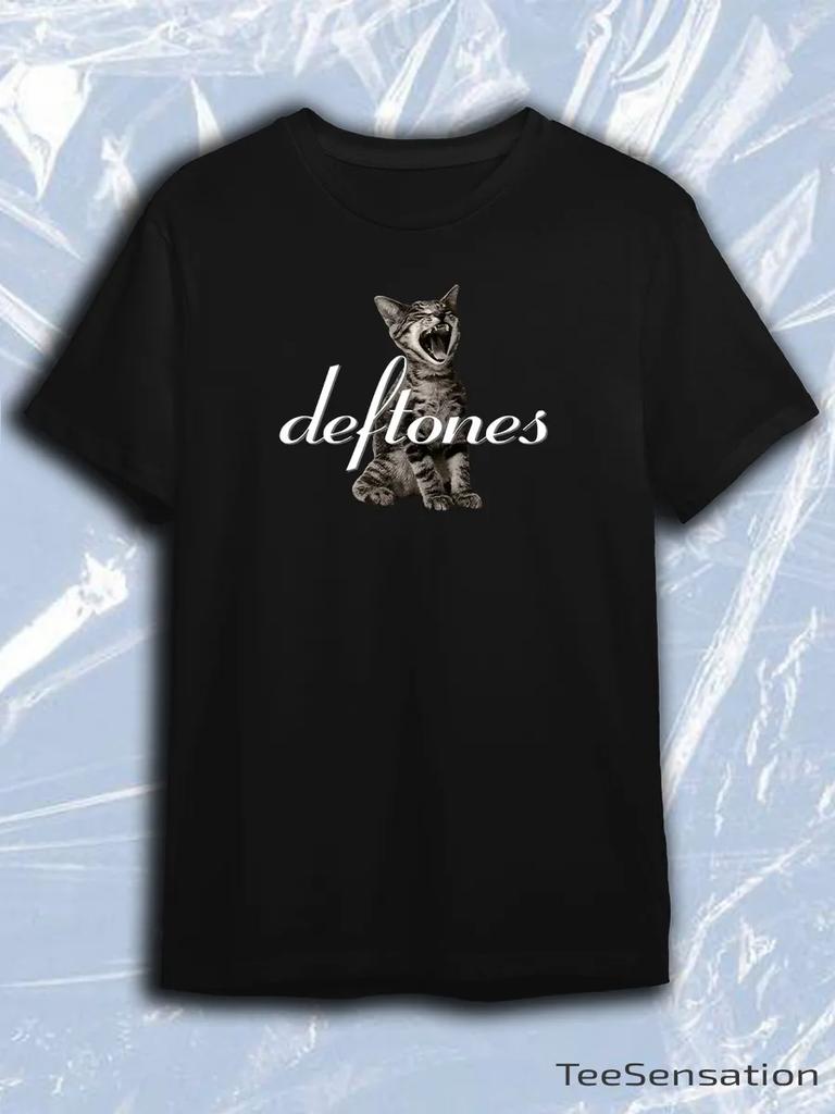 Deftones Black Crew Neck Short Sleeve T-Shirt with Yawning Cat White Text