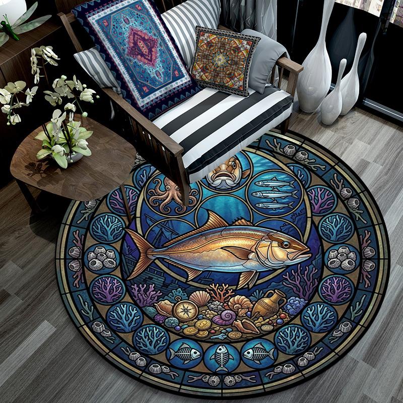 Ocean Life Glass Round Area Rug Under Office Chairs Bedroom Living Room Home Decor