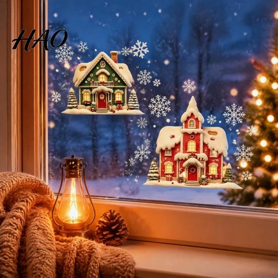 Christmas Window Clings Cabin Static Glass Stickers, PVC Snow House Windows Decals for Holiday Home Wall Stickers Decor, Reusable Waterproof Seasonal