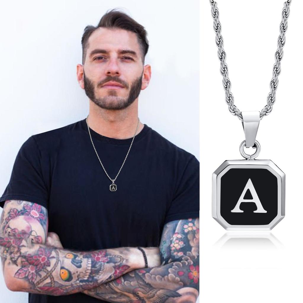 Initials Necklaces for Men Women,A-Z 26 Letters Black Square Stainless Steel Pendant Collar,45-60CM Twisted Rope Chain Gifts