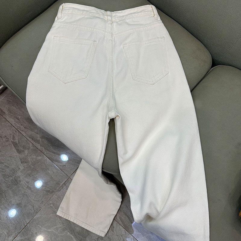 Women High Waisted Beige Straight Leg Jeans Spring Autumn Korean Style Wide Leg Pants Slim Fit V Line Stitching