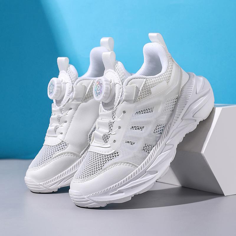 Children's Sports Shoes Summer Hollow Single Mesh Non-smelly Feet Rotating Buttons School Activities White Shoes