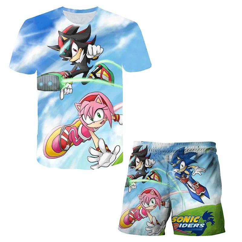 2025 MINISO New boys and girls super sonic Tshirts+shorts  Harajuku Sonic print suit T-shirt + shorts fashion street style children's short sleeves