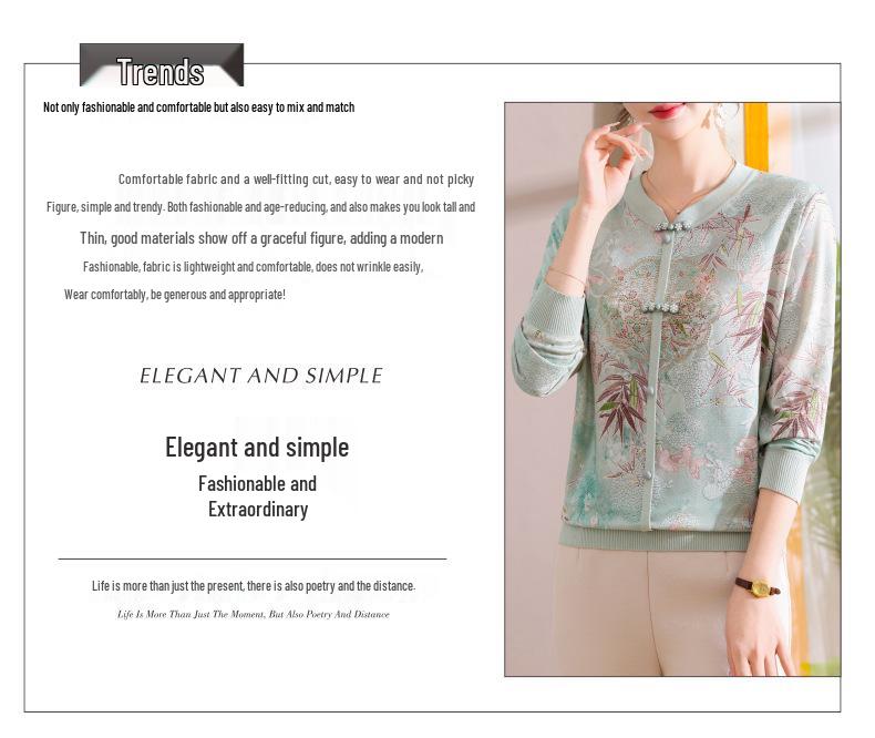 Elegant Long Sleeve Chinese Style T-Shirt for Middle-Aged and Elderly Women - Spring Patterned Elastic Top