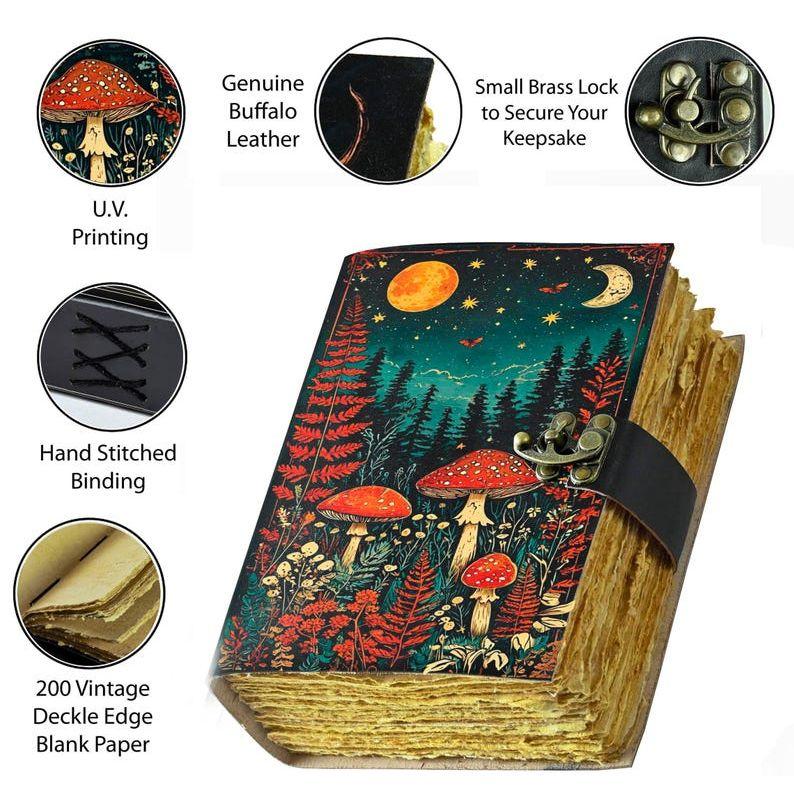 Mushroom Leather Grimoire: Handmade Deckle Edge Book of Shadows