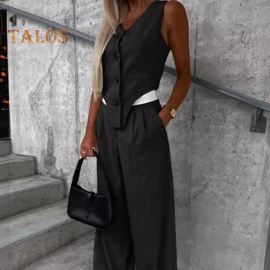 2 stk/sett Dame Toppbukser Dress Ermeløs V-hals Enkelsnappet Uregelmessig vest Elastisk Høy midje Bred Ben Bukser Ensfarge Formell OL