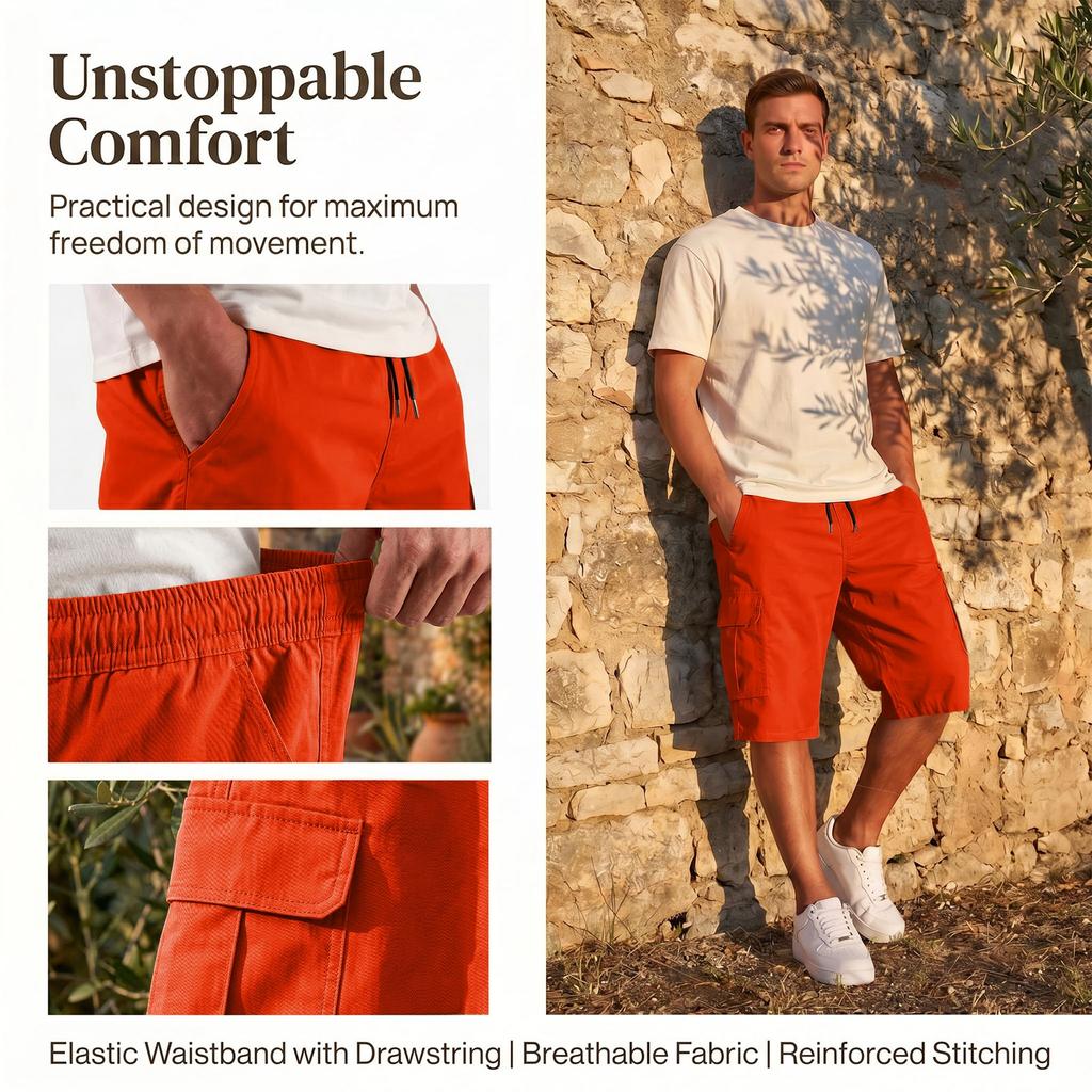 Men's Elastic Waist Cargo Shorts Adjustable Belt Multiple Pockets Casual Style Suitable for Hiking Worksite Summer Wear
