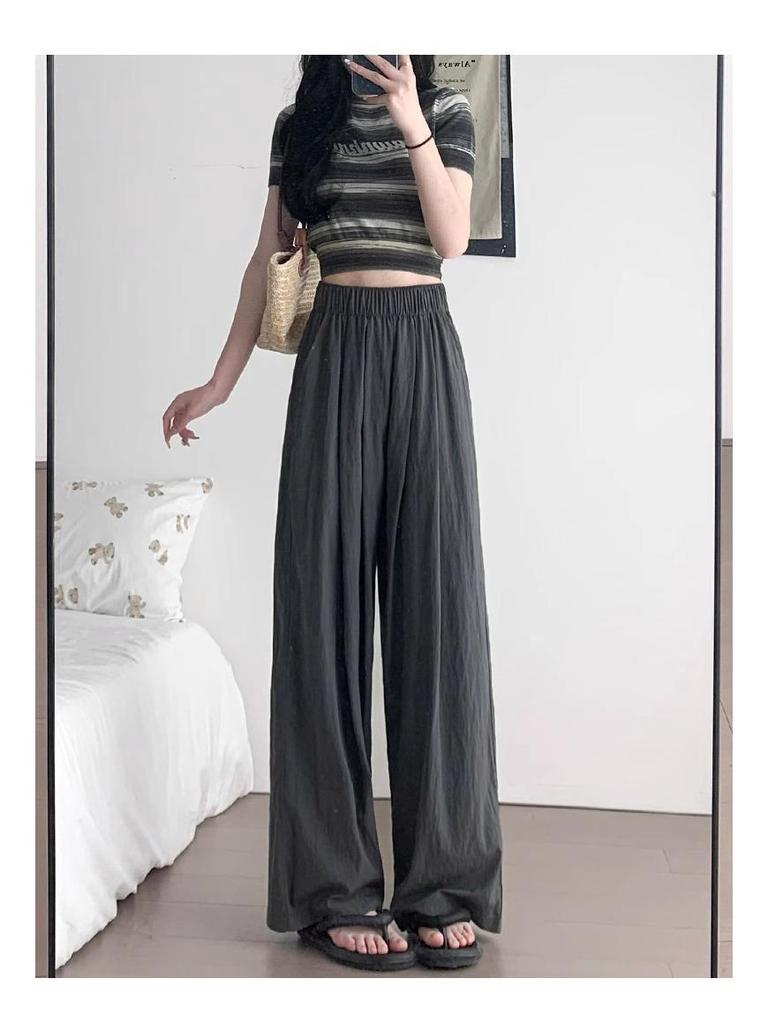 Women’s Summer Apricot Textured Ice Silk High-Waist Wide-Leg Pants