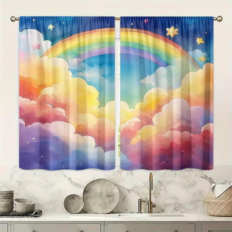 2Pcs Colorful clouds rainbow print curtains,suitable for bedroom,living room kitchen decoration,home decoration,window decor
