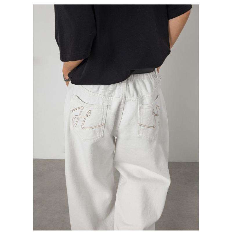 Men Loose Straight Cleanfit Denim Jeans Retro Casual Embroidered Long Pants