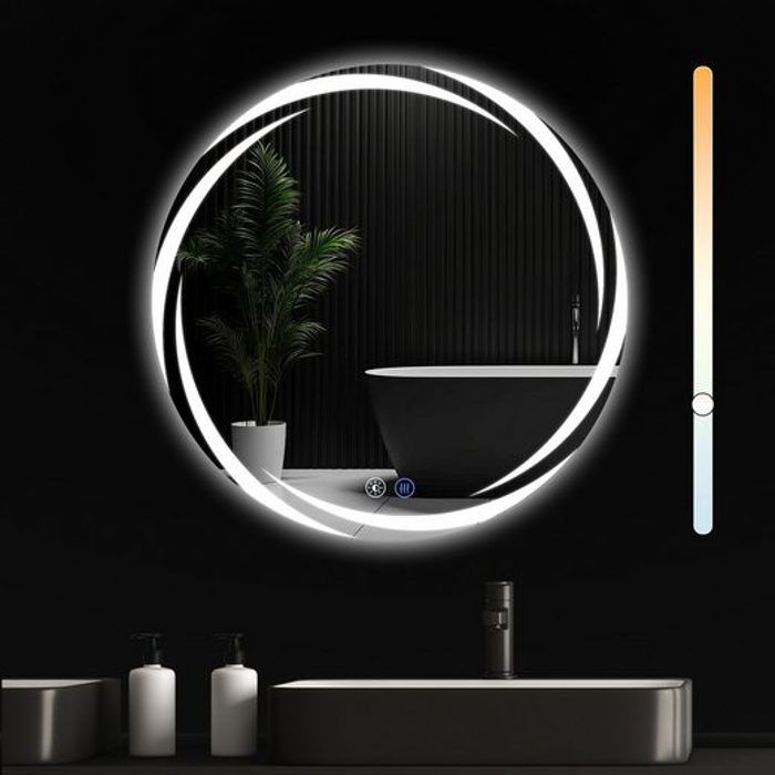 Miroir de salle de bain - NETTLIFE - Miroir rond 70 cm - Éclairage LED dimmable - IP44 - Style scandinave
