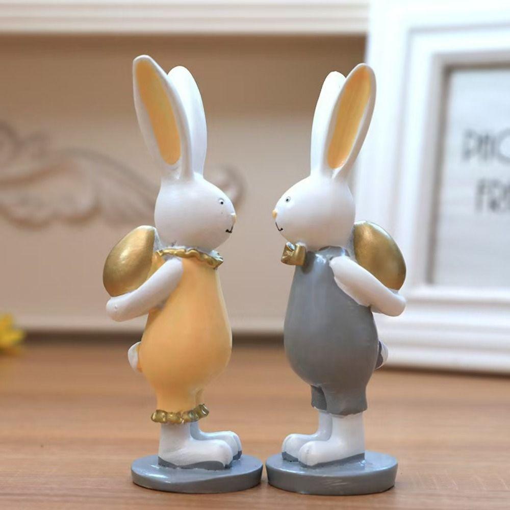 2pcs Resin Cartoon Rabbit Ornaments Hand-painted Easter Rabbit Figurine Easter Party