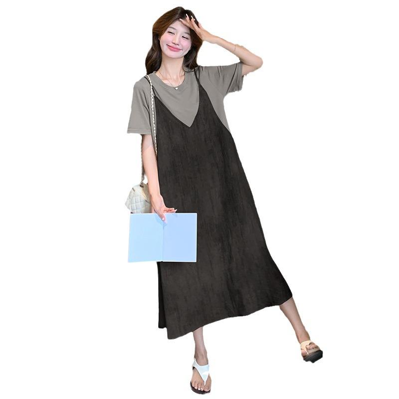 Summer 2025 Women's Gradient Suspender T-Shirt Dress - Age-Reducing, Fake Two-Piece, Medium-Length