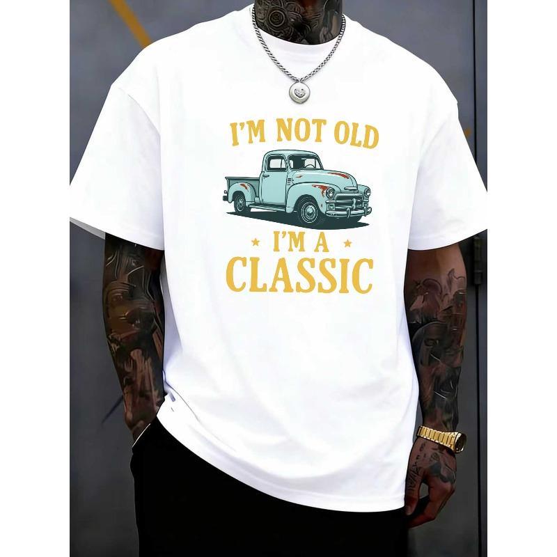 European sizes Men's Retro Blue Pickup Truck Graphic T-Shirt - "I'M Not Old, I'M Classic" Design, Casual Crew NecK