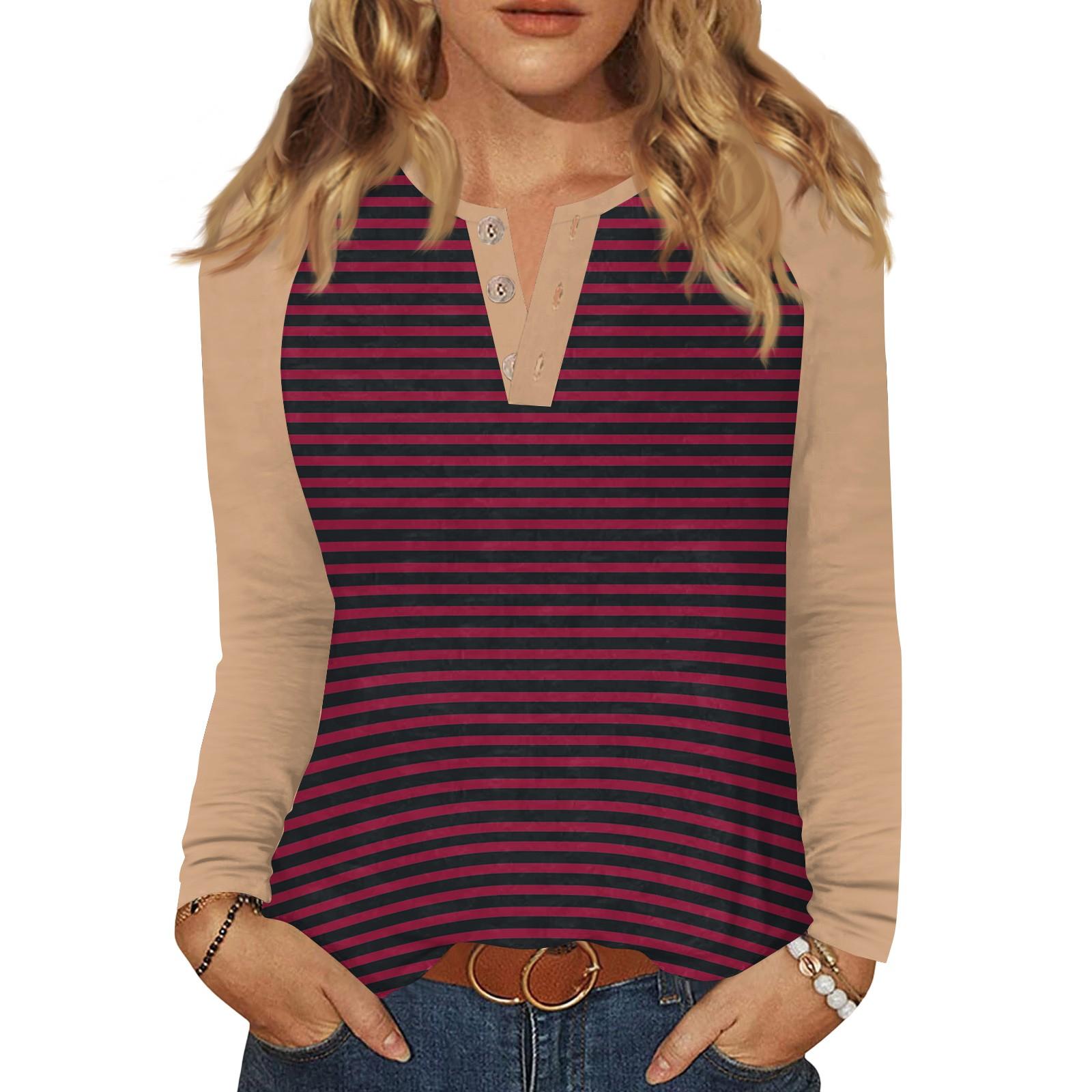 

Женская футболка с принтом, на пуговицах, с длинным рукавом, повседневная, для выходных, модная, базовая, с V-образным вырезом, обычный топ XL винный