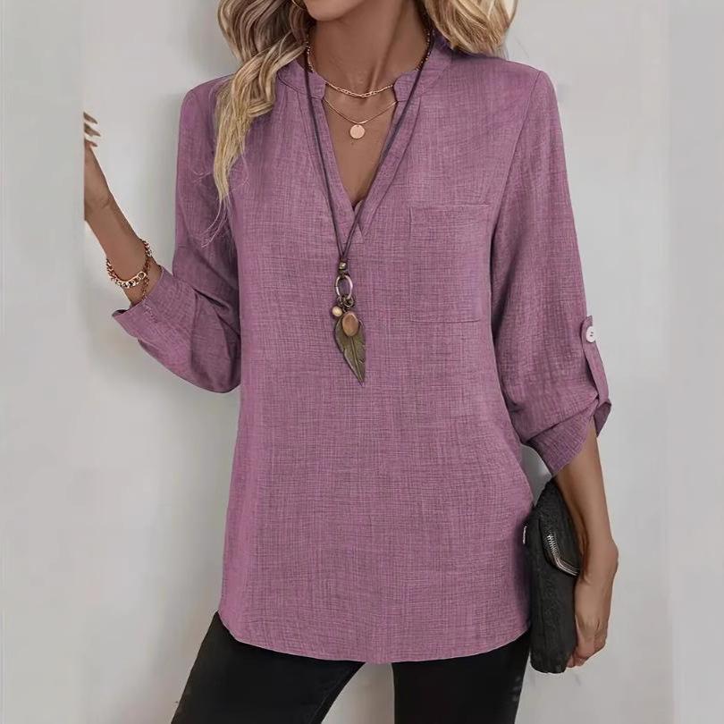 2025 Spring/Summer Women's Plus Size V-neck Loose Solid Color Shirt