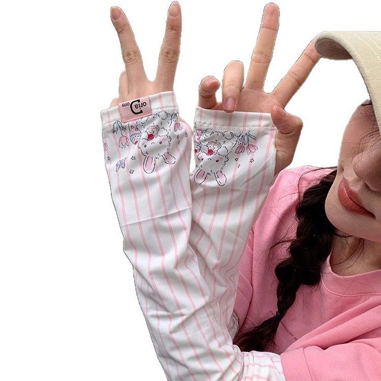 Ladies Cute Cartoon Arm Sleeves UV Protection, Ice Silk Cooling Sleeves, Breathable Thin Summer Sun Sleeves for Driving Cycling Outdoor