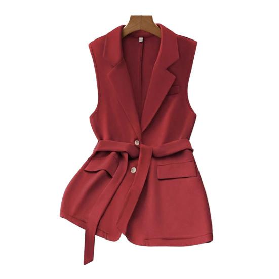

Жіночий жилет-піджак без рукавів на ґудзиках з лацканами, робоча куртка, осінній повсякденний довгий елегантний плащ з поясом S темно-червоний колір