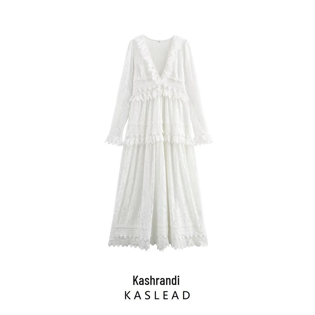 

2025 Spring Women s V-Neck Lace Dress - European & American Style Medium белый