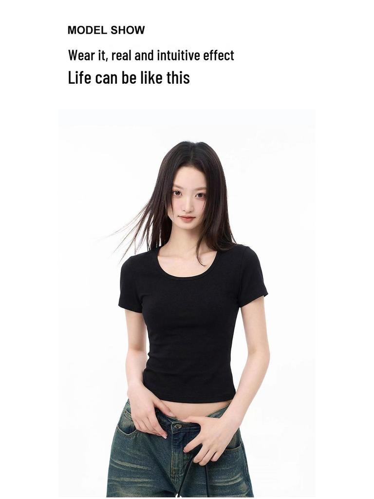 Women's Slim-Fit U-Neck T-Shirt: Trendy Summer 2025 Style, Solid Color, True Shoulder, Elastic, Short Sleeves, Thin Fabric.
