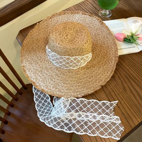 Damen Sommer Strandhut, Atmungsaktiver Sonnenhut mit breiter Krempe, Strohhut mit geflochtenem Spitzenband für Sommer Outdoor Reisen