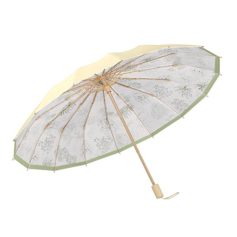 New three-fold 16-bone hand open color glue umbrella solid wood handle parasol sun umbrella