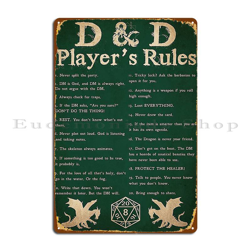 Правила для игрока D&D Постер Металлическая табличка Железная дубинка Настраиваемый Декор стены для вечеринки Оловянный постер 20x30cm