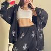 Zipper Pocket Cross Rhinestone Sweater Pants Drawstring