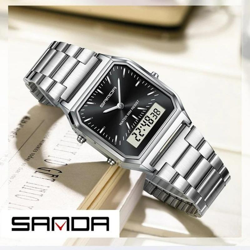 SANDA Neutral Dual Display Clock Waterproof Sports Quartz Watch Luxury Women's Stainless Steel Digital Electronic Watch