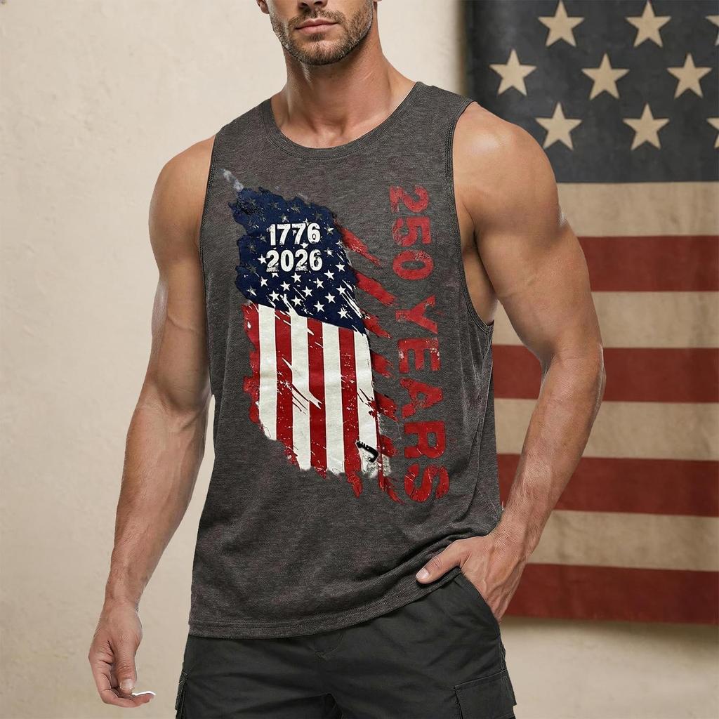 Men's Sleeveless Casual Tank Top Crew Neck Graphic Print 250 Years Independence Commemorative Design Lightweight Summer Shirt