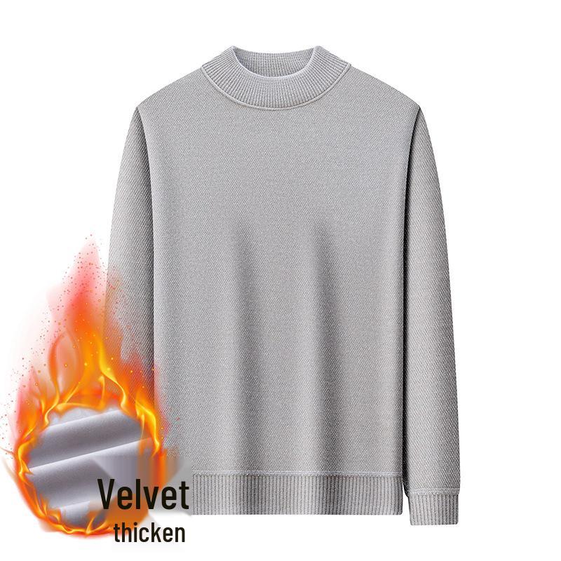 Men's Casual Half-High Neck Ferret Wool Sweater - Fleece Lined, Warm, Solid Color, Winter Knit.