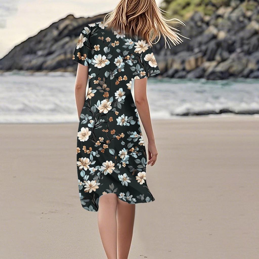 Women's Casual Fashion Flower Print Dress V Neck Short Sleeve Short Skirt