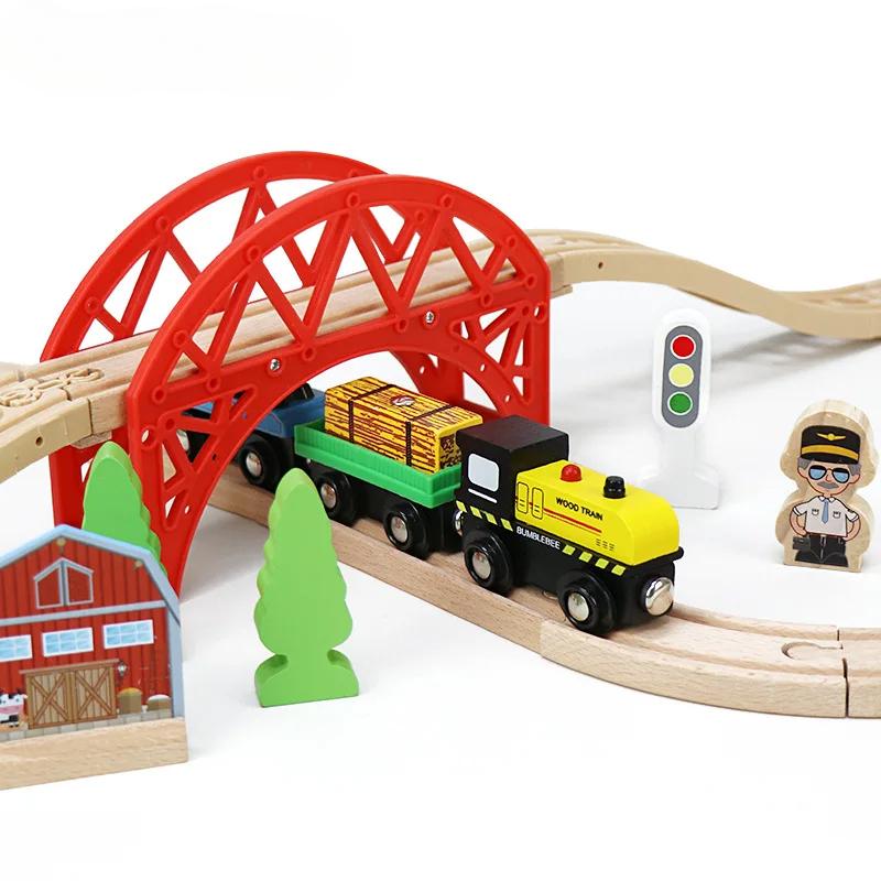 Children's Wooden Track Set, Red Bridge 8 Track Magnetic Small Train Assembly Combination Scene Boys and Girls Toys Gift