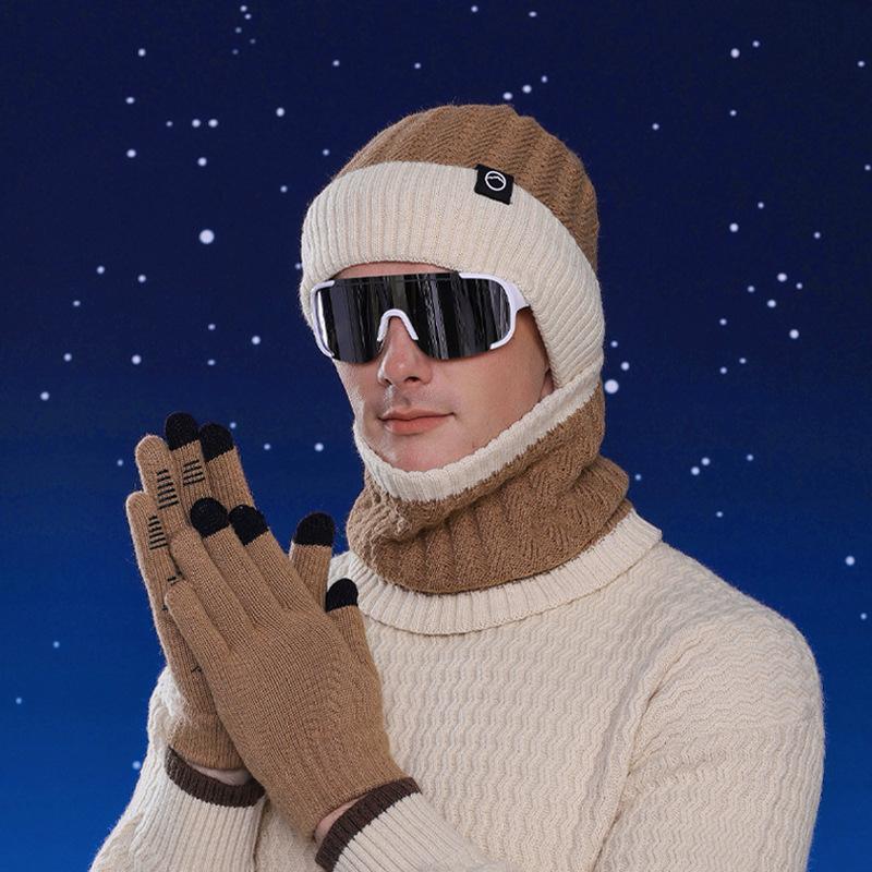 

Зимняя шапка, перчатки, шарф, мужской вязаный свитер, шапка, бархатная теплая, защита ушей, шерстяная шапка, комплект из трех частей бежевый