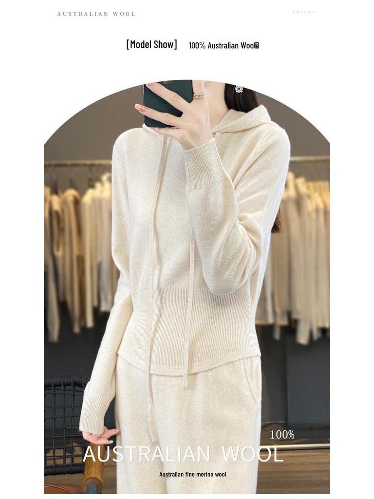 Autumn Gray Wool Slim-Fit Pants & Hooded Knit Sweatshirt Set - Korean Socialite Style
