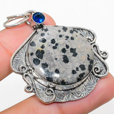 Natural Dalmation Jasper, Blue Topaz 925 Sterling Silver Pendant 2.05" D0M83