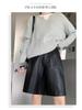 2025 Women's High Waist PU Washed Leather Bootcut Shorts - Mid-Length, Wide Leg, Loose Slimming Fit for Autumn/Winter