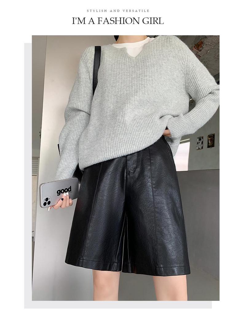 2025 Women's High Waist PU Washed Leather Bootcut Shorts - Mid-Length, Wide Leg, Loose Slimming Fit for Autumn/Winter