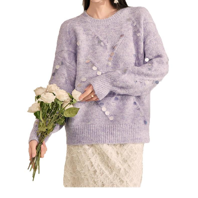 Elegant Purple Sequin Round Neck Sweater - Soft, High-Grade Pullover with Niche Design and Lazy Style.