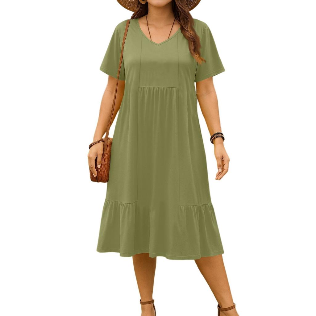 Women's vintage pleated V-neck dress in solid color