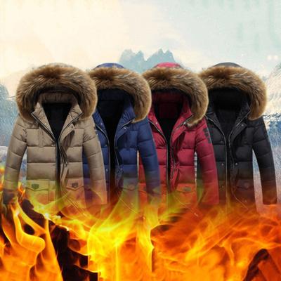 Casaco masculino de algodão de inverno com capuz de pele sintética grosso acolchoado manga longa à prova de vento quente retenção de calor comprimento médio destacável Chapéu bolsos fecho com zíper