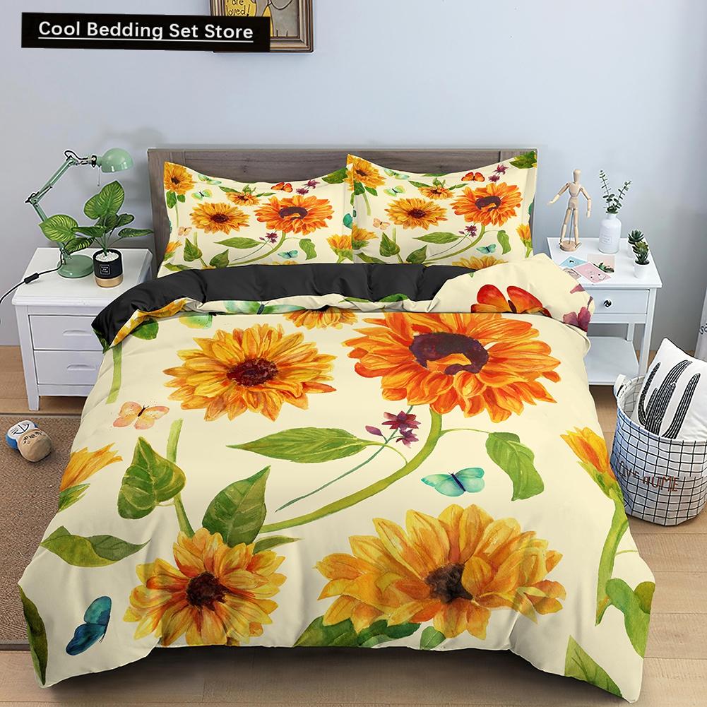 3D Sunflower King Queen Duvet Cover Yellow Flowers Bedding Set  Floral Green Leaves Comforter Cover 2/3pcs Polyester Quilt Cover