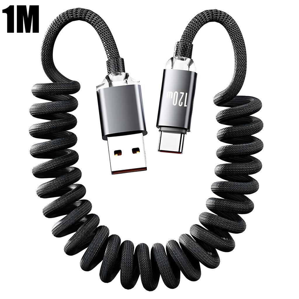 120W Car Spring Data Cable Retractable USB C To Type C Fast Charging Cable for Iphone 17 16 15 Samsung Dual Type C Cable 1m 2m