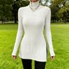 Women Knitting Tops High Collar Long Sleeve Slim Fit Sweater Tops Mid-length Side Split Design Solid Color Ribbed Tops