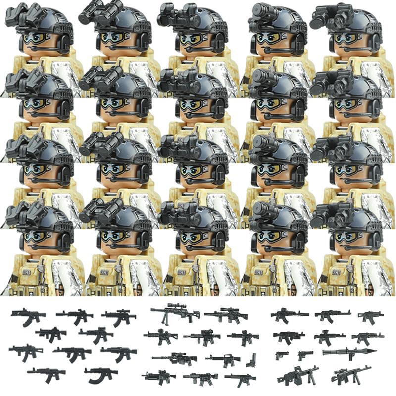 20PCS Military Army Figures Building Blocks SWAT Ghost Commando US Russia Special Forces Soldier Weapons Shield Belt Bricks Toys