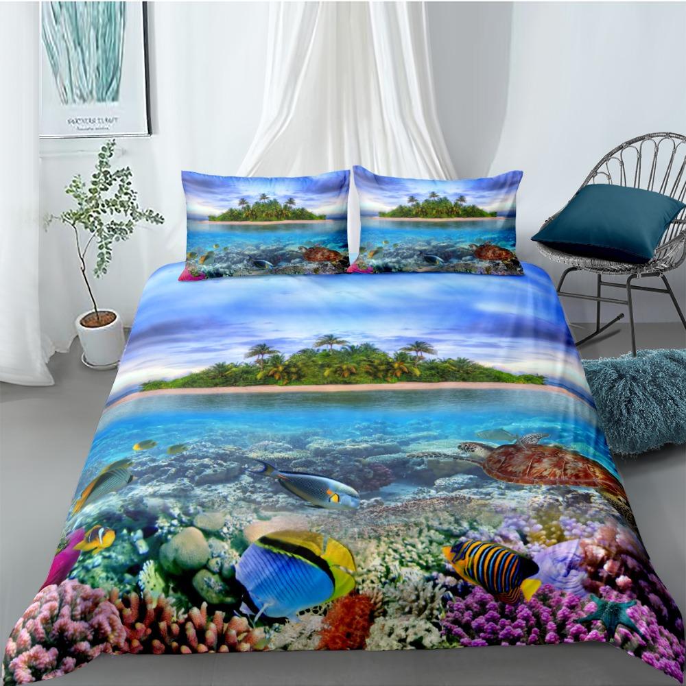 Ocean Duvet Cover Set Queen Double Size Polyester Ocean Animals Fishes Tortoise And Rainbow Color Coral Printed Comforter Cover