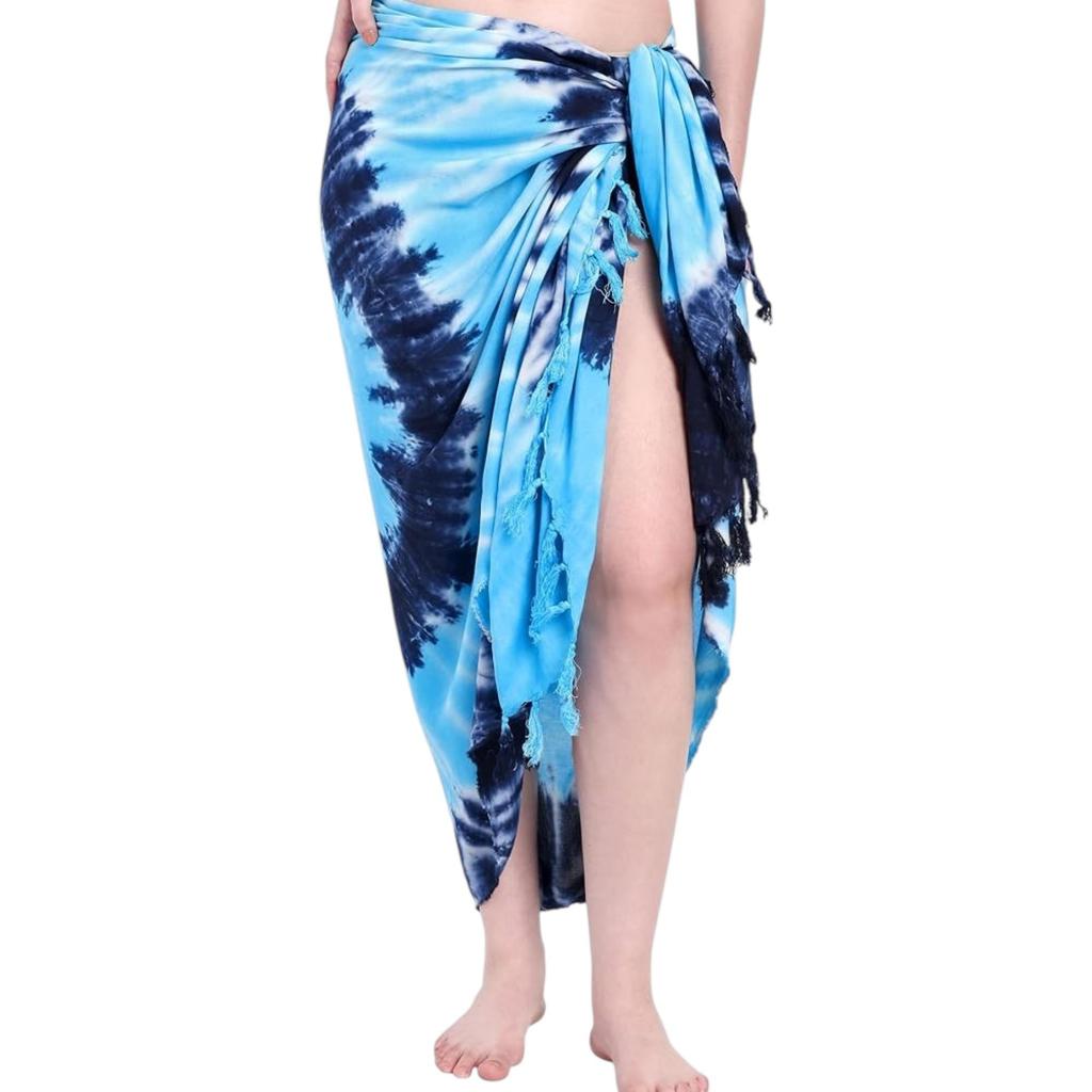 Beach Cover Up Rayon Sarong | Hand-Dyed Ombre Bikini Wrap Skirt for Summer Holidays | Lightweight Multipurpose Dress in Dark and Light Blue
