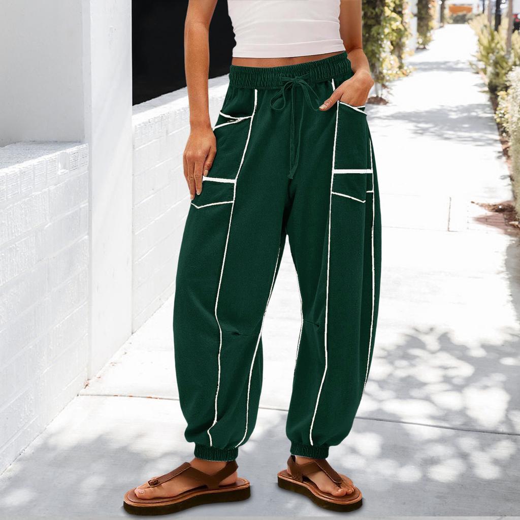 Women's Sanitary Pants, Wide Leg Pants, High Waist, Leg Cinching, Patchwork Pockets, Casual Pants