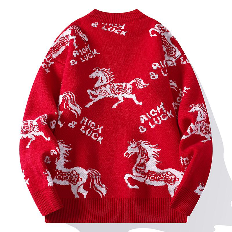Unisex Festive Red Year of the Horse Round Neck Sweater - Chinese Zodiac Base Layer Knitwear
