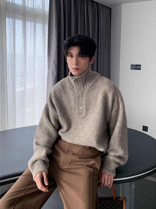 2025 Men's High Neck Korean Style Knitted Sweater - Autumn/Winter Trendy Loose Fit Wool Top